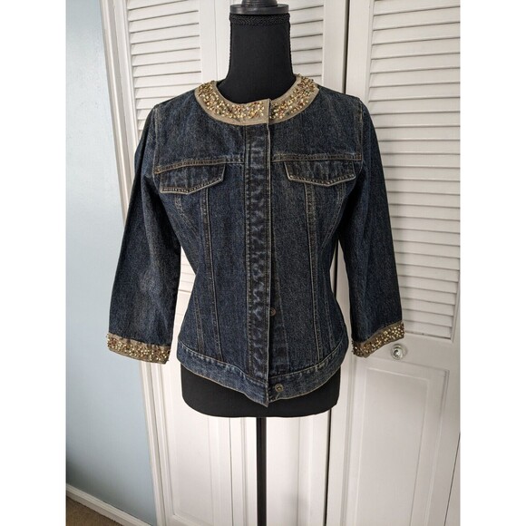 Liz Claiborne First Issue Women's sz S Jean Denim Retro Gold Sequined Jacket - Picture 2 of 14